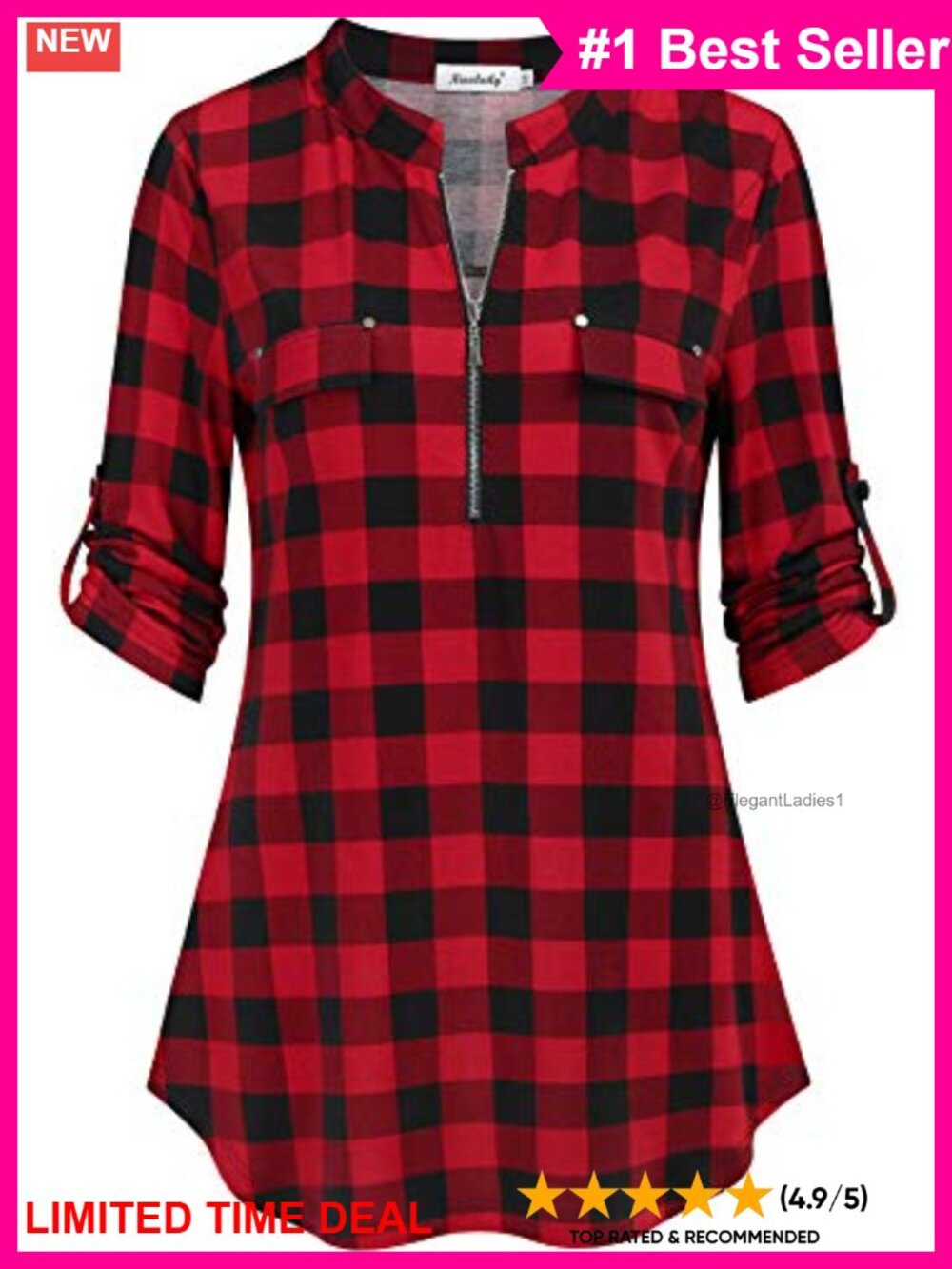 Ninedaily Women's 3/4 Sleeve Plaid Tunic Blouse Zip V-Neck Casual Top